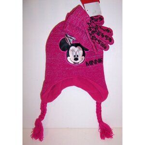 Disney MINNIE MOUSE Pink Sparkly HAT BEANIE Cap & GLOVES Glove SET Braids NEW